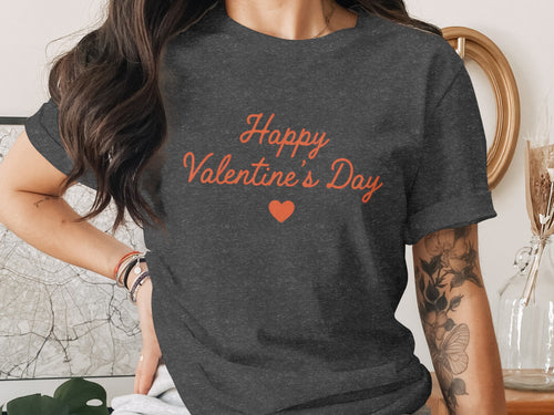 Dark gray t-shirt with "Happy Valentine's Day" and a heart.