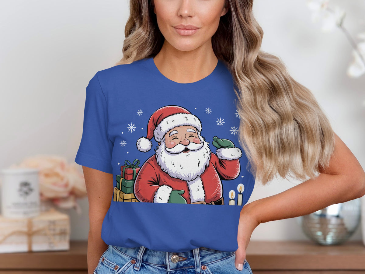 Blue t-shirt with a cheerful Santa Claus, gifts, and snowflakes design.