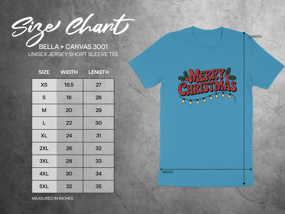 Size chart for Bella + Canvas 3001 unisex jersey tee with width and length measurements.