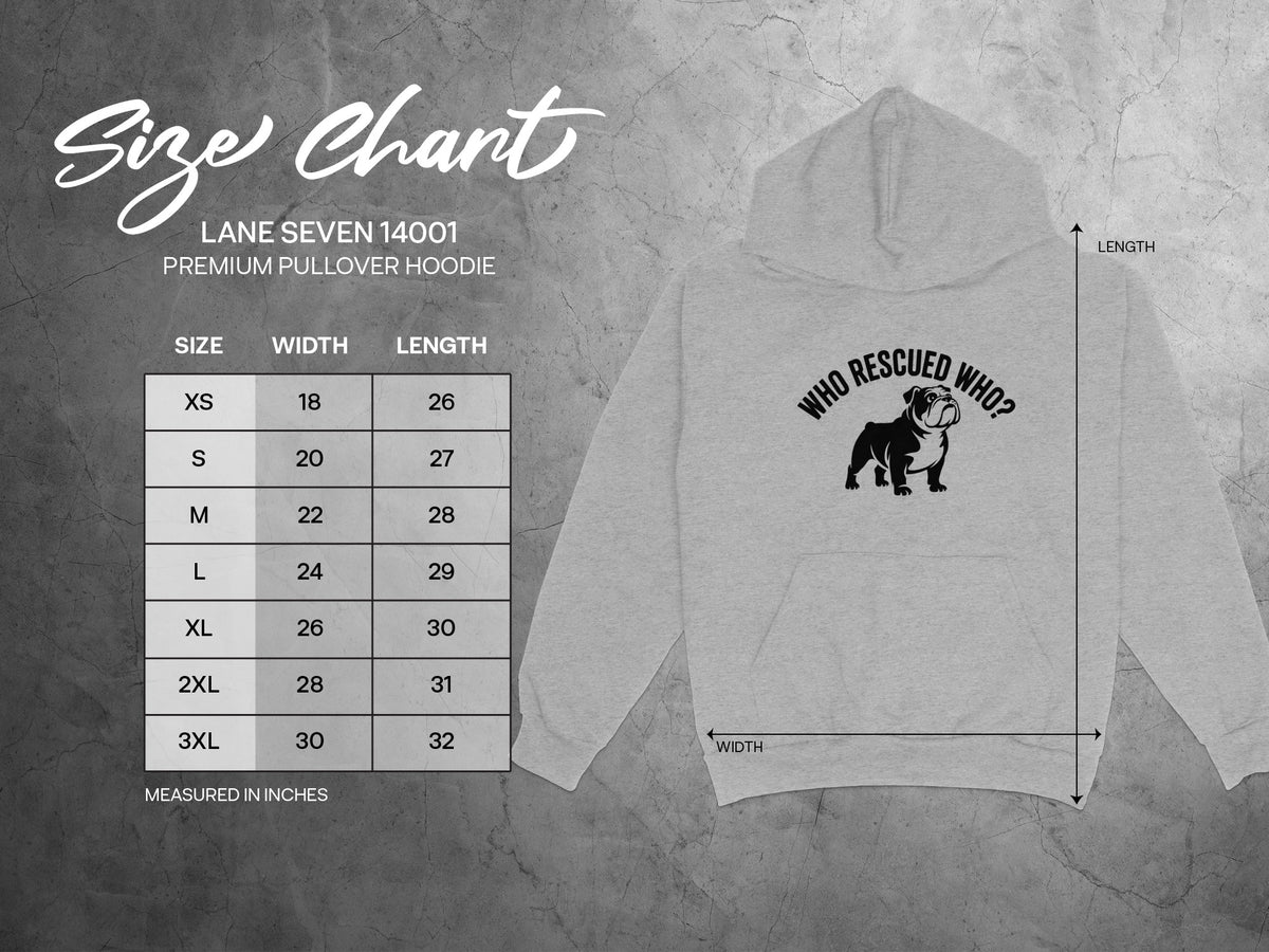 Lane Seven 14001 hoodie size chart with chest width and length measurements.