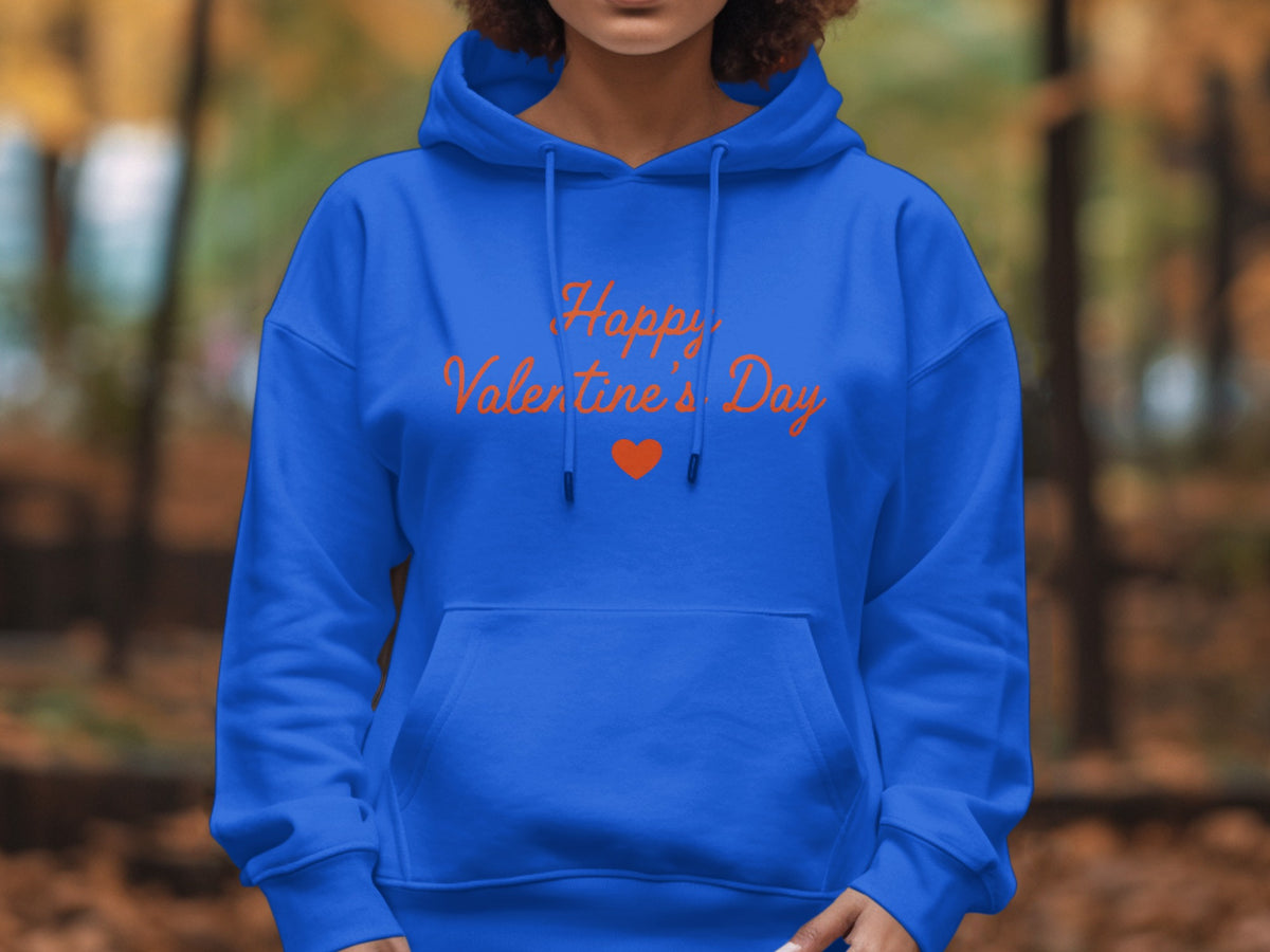 Blue hoodie with "Happy Valentine's Day" text and an orange heart.
