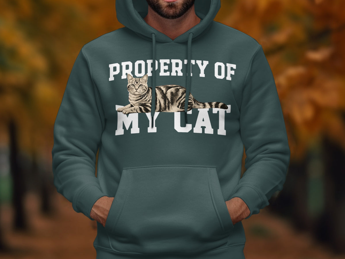 Dark green hoodie with "PROPERTY OF MY CAT" text and a cat graphic.