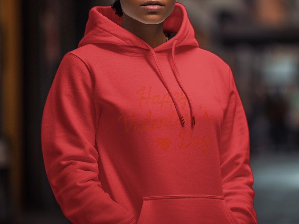 Red hoodie with "Happy Valentine's Day" text and a heart graphic.