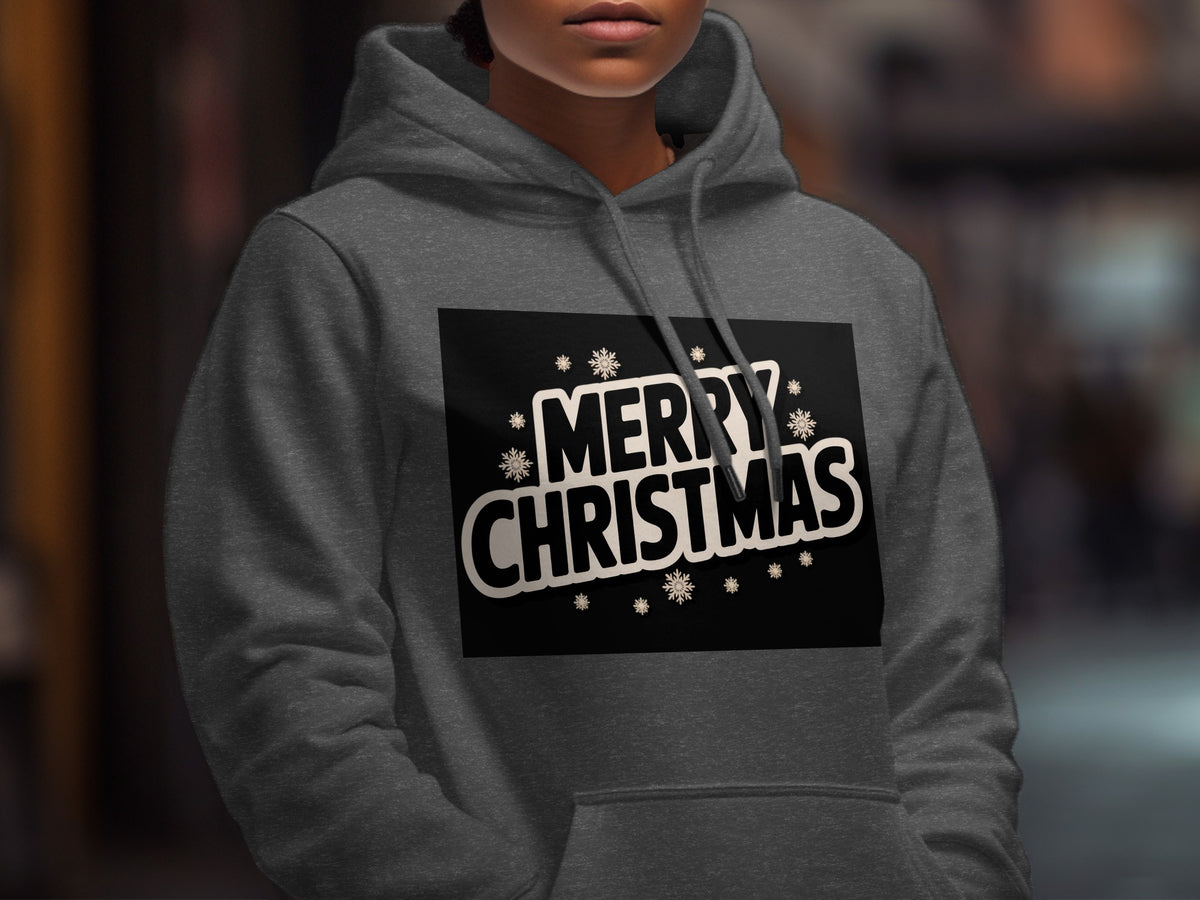 Dark grey hoodie featuring "MERRY CHRISTMAS" text with snowflake accents.