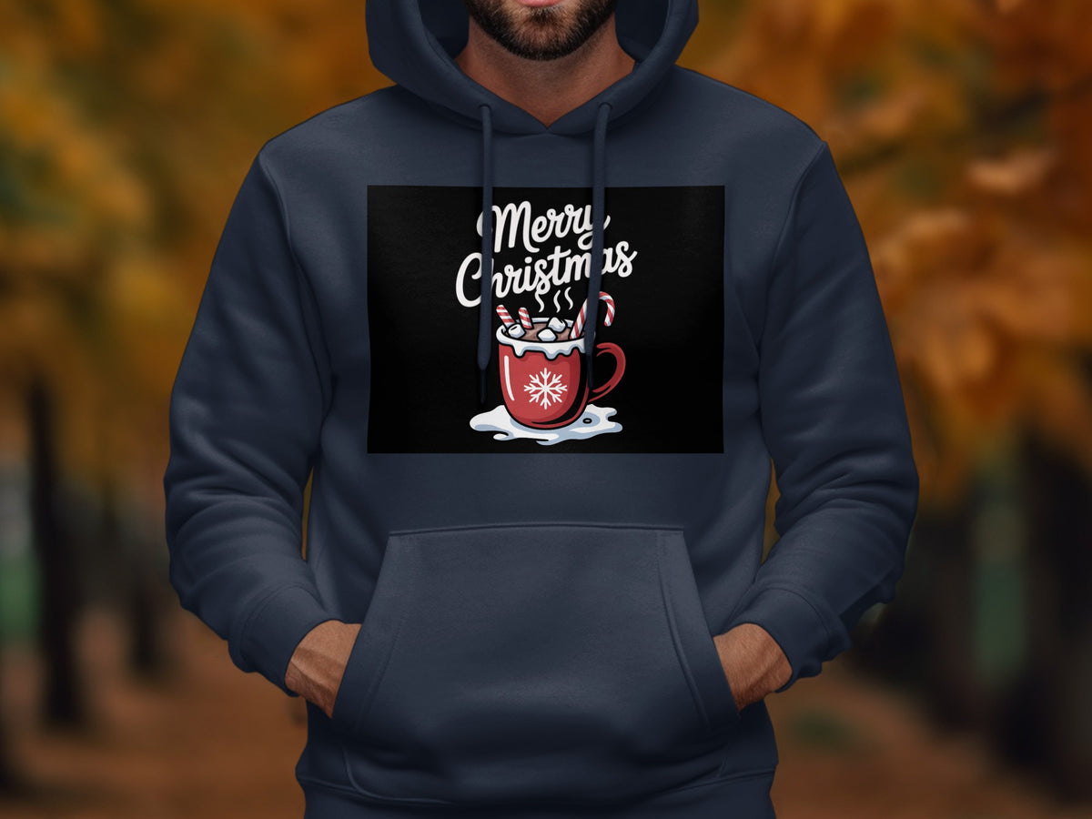 A dark blue hooded sweatshirt featuring a front graphic of a red mug with marshmallows, candy canes, and the text "Merry Christmas."