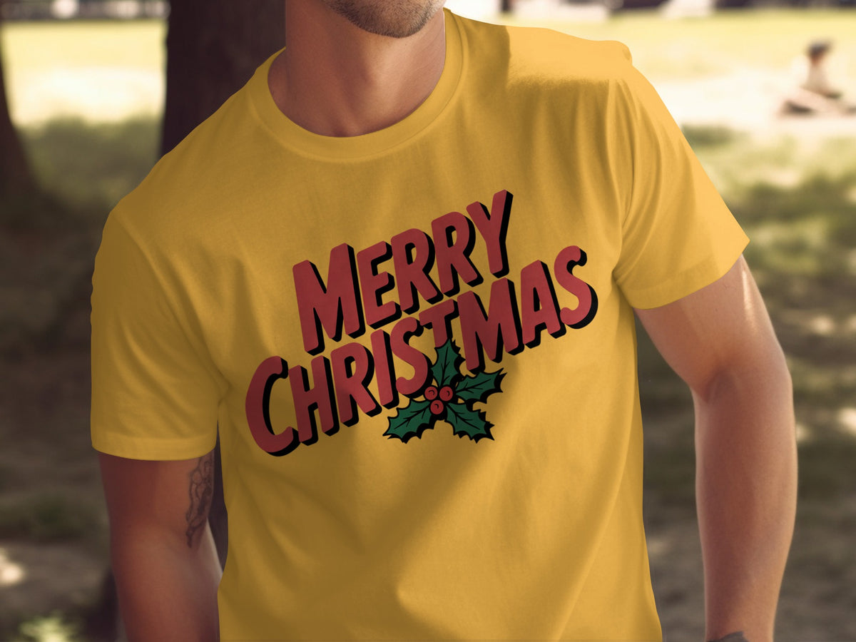 Yellow t-shirt with red and black "Merry Christmas" text and holly.