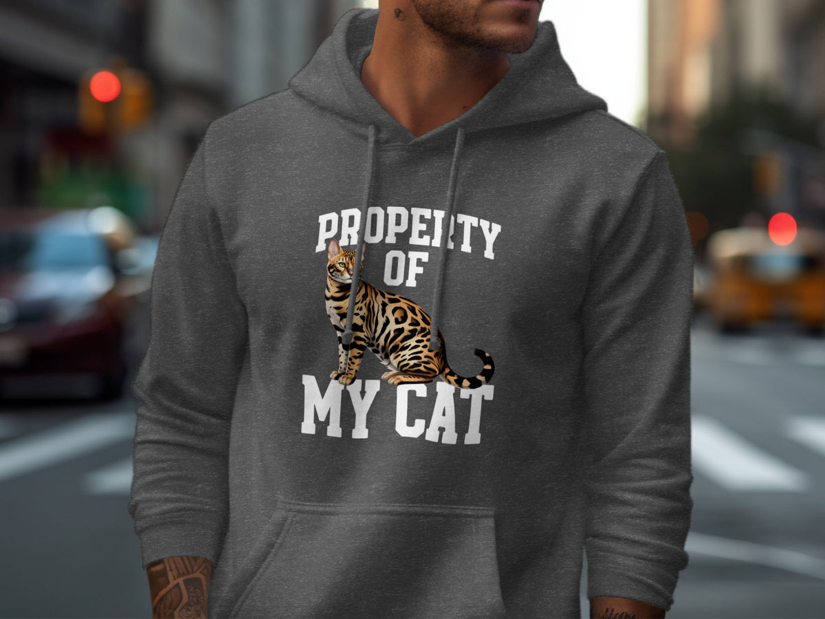 Grey hoodie with "PROPERTY OF MY CAT" text and a bengal cat graphic.