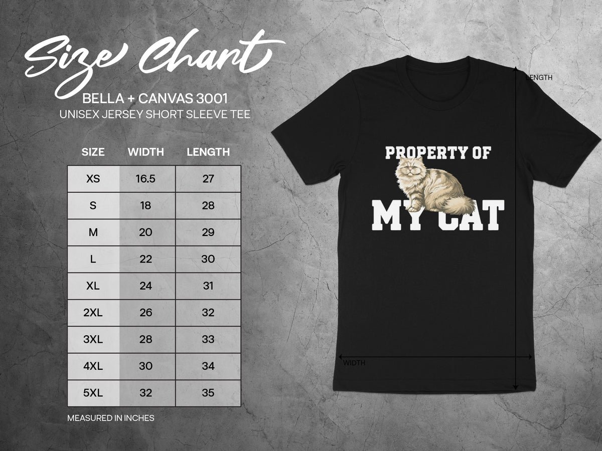 Size chart for Bella + Canvas 3001 unisex tee with cat graphic.