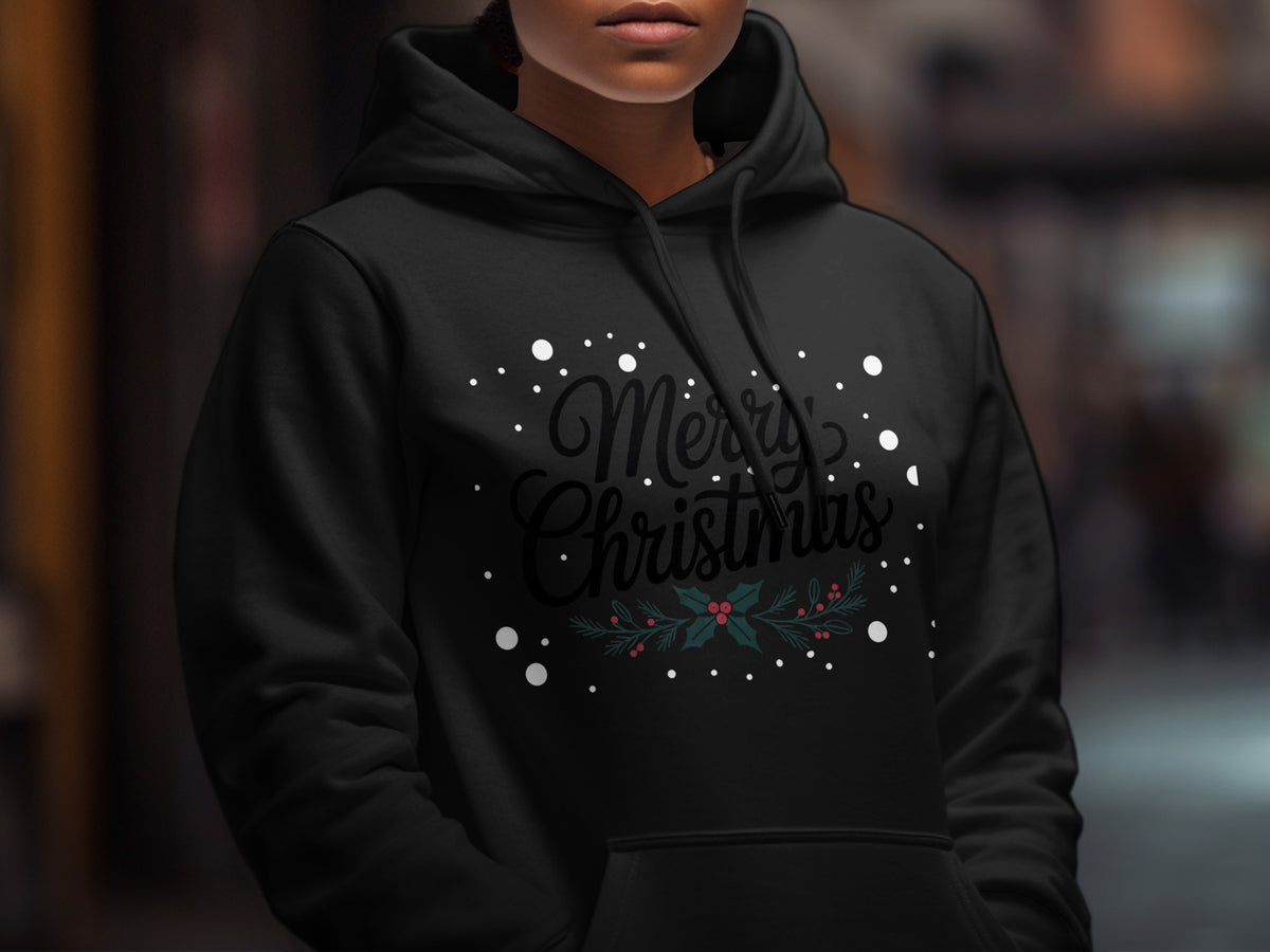 Black hoodie with "Merry Christmas" text and holly branch design.