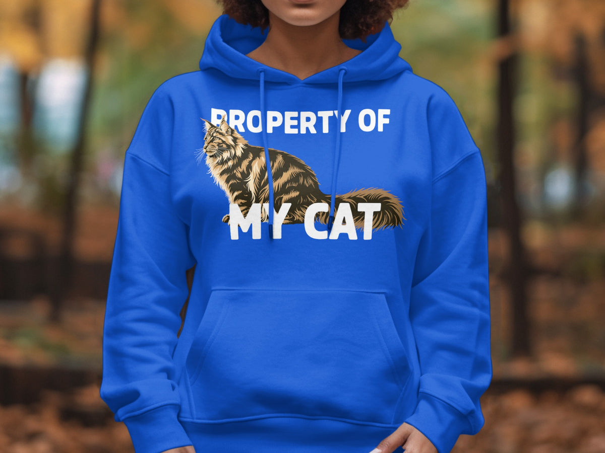 Blue hoodie with graphic of a cat and text "PROPERTY OF MY CAT".