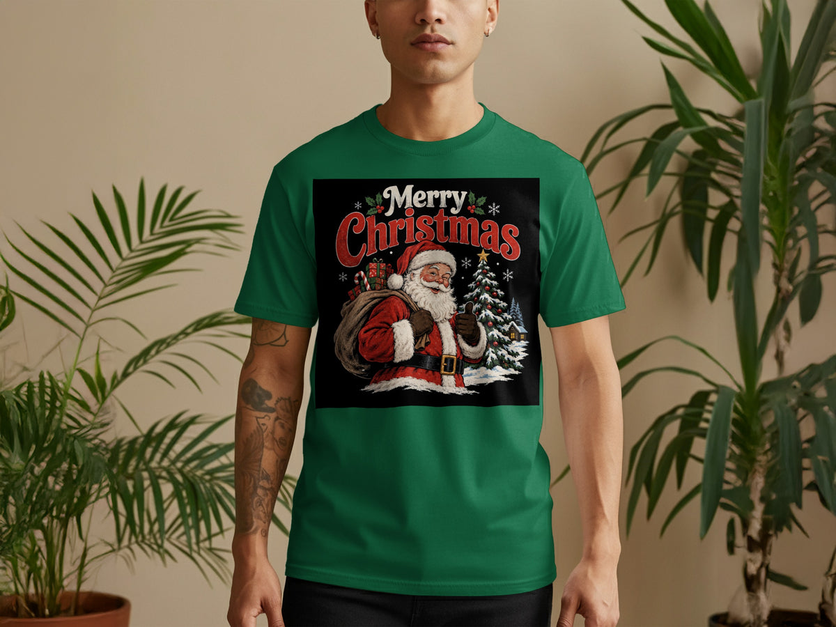 Green t-shirt with Santa giving thumbs up next to a Christmas tree.