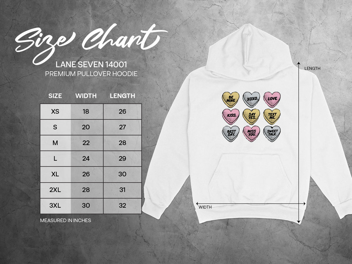 Lane Seven 14001 pullover hoodie size chart with width and length measurements in inches.