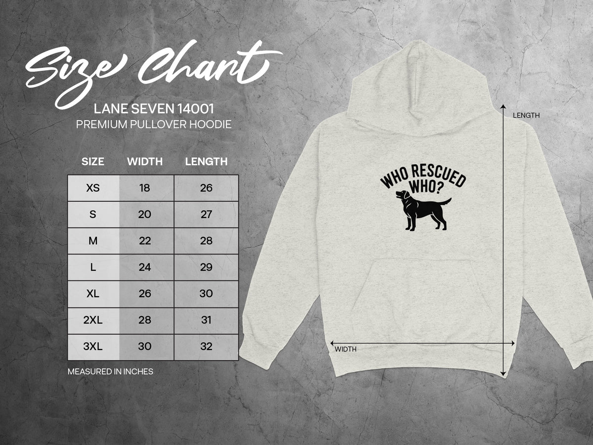 Size chart for Lane Seven 14001 premium pullover hoodie with dog graphic.