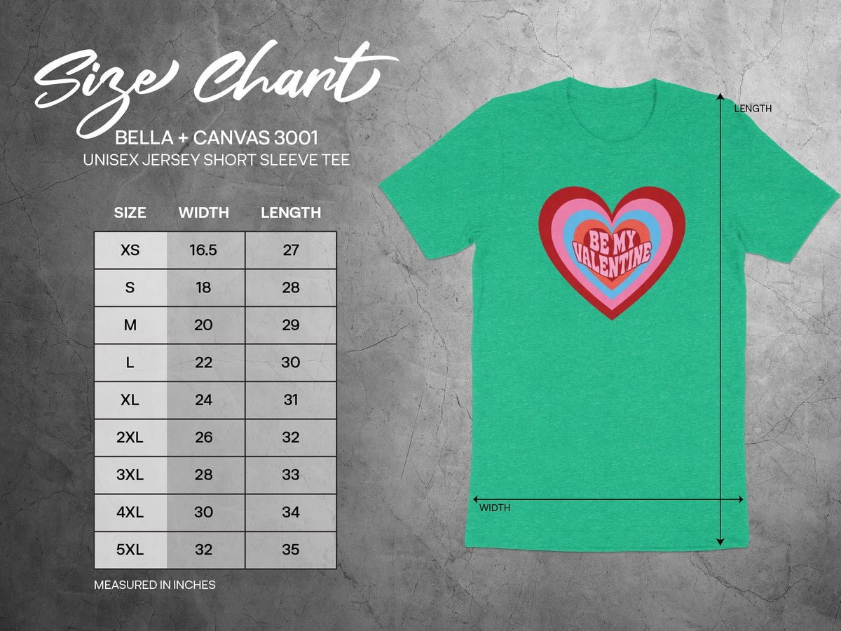 Size chart for Bella + Canvas 3001 Unisex Jersey Short Sleeve Tee.