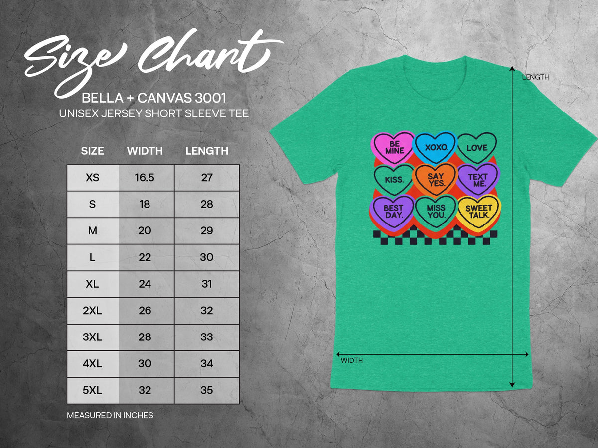 Bella + Canvas 3001 green t-shirt with a colorful conversation heart graphic and size chart.
