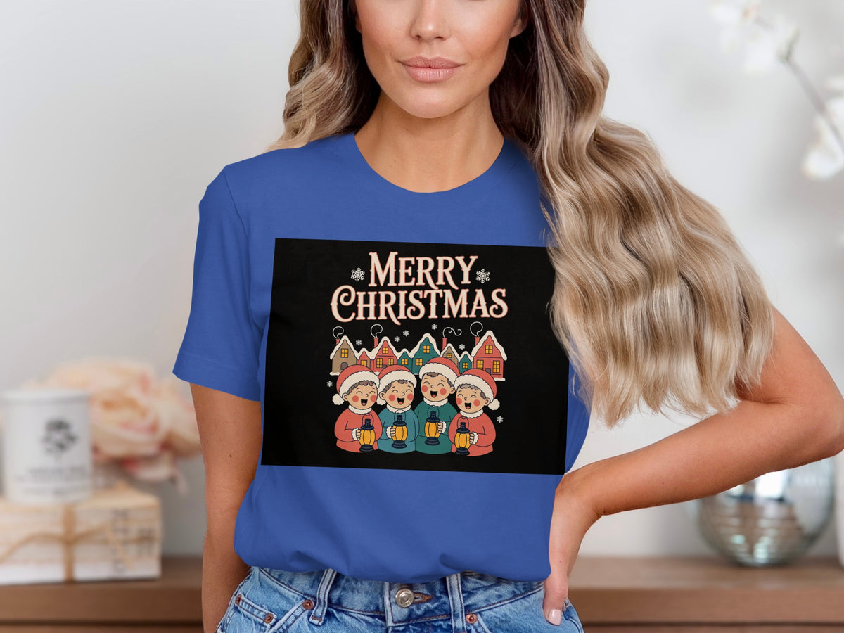 Christmas carolers with lanterns under snowy houses with text Merry Christmas.