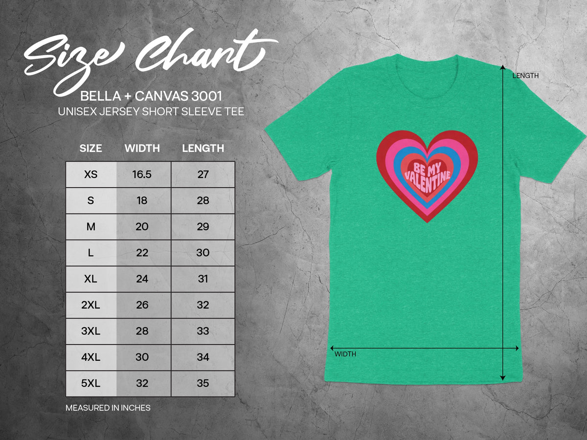 Size chart for a BELLA + CANVAS 3001 unisex jersey short sleeve tee with a heart graphic.