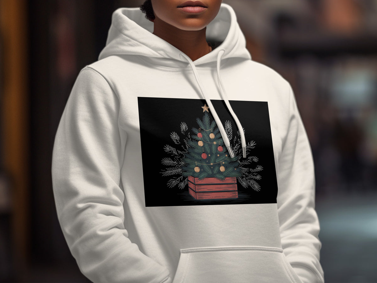 White hoodie with a Christmas tree graphic on the front.