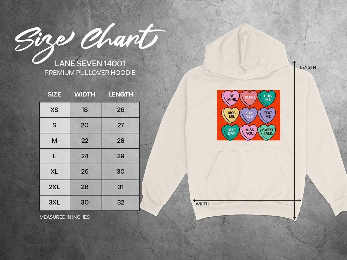Lane Seven 14001 hoodie size chart with width and length measurements in inches.