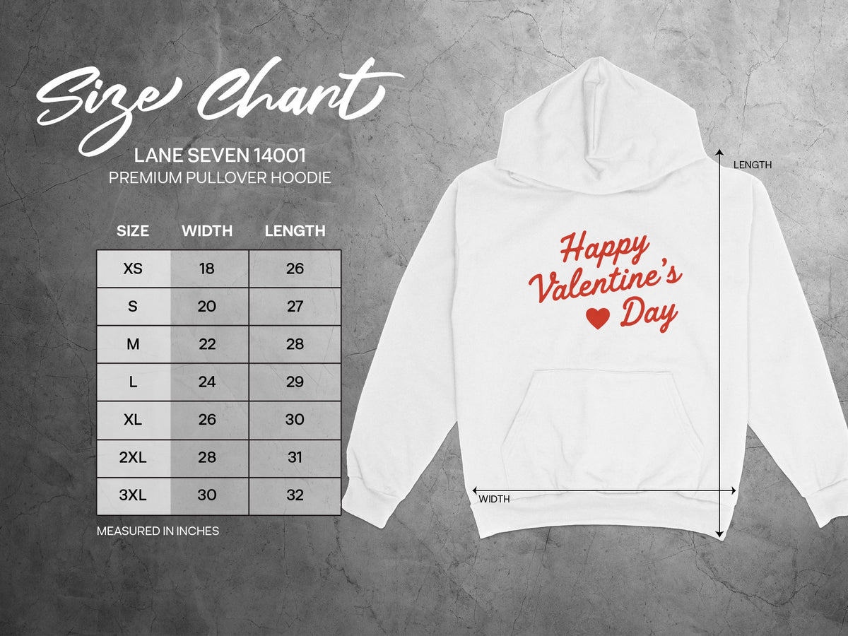 Size chart for Lane Seven 14001 premium pullover hoodie, measured in inches.