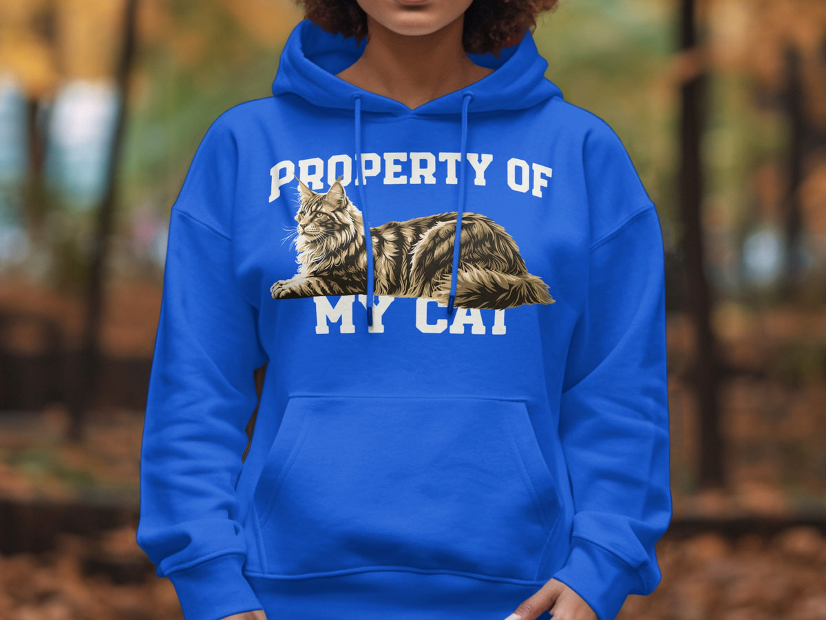 Blue hoodie with "PROPERTY OF MY CAT" text and Maine Coon cat graphic.