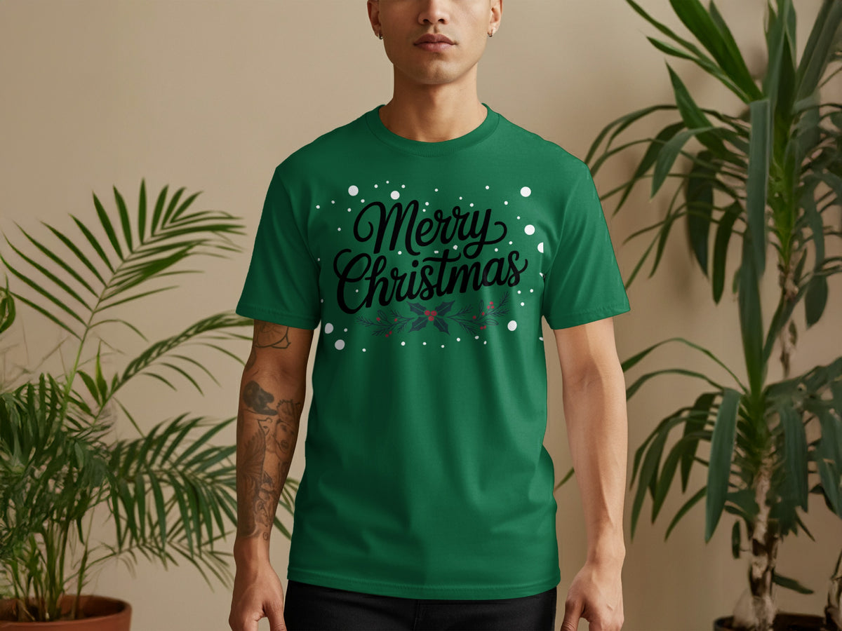 Green t-shirt with "Merry Christmas" text and holly graphic.
