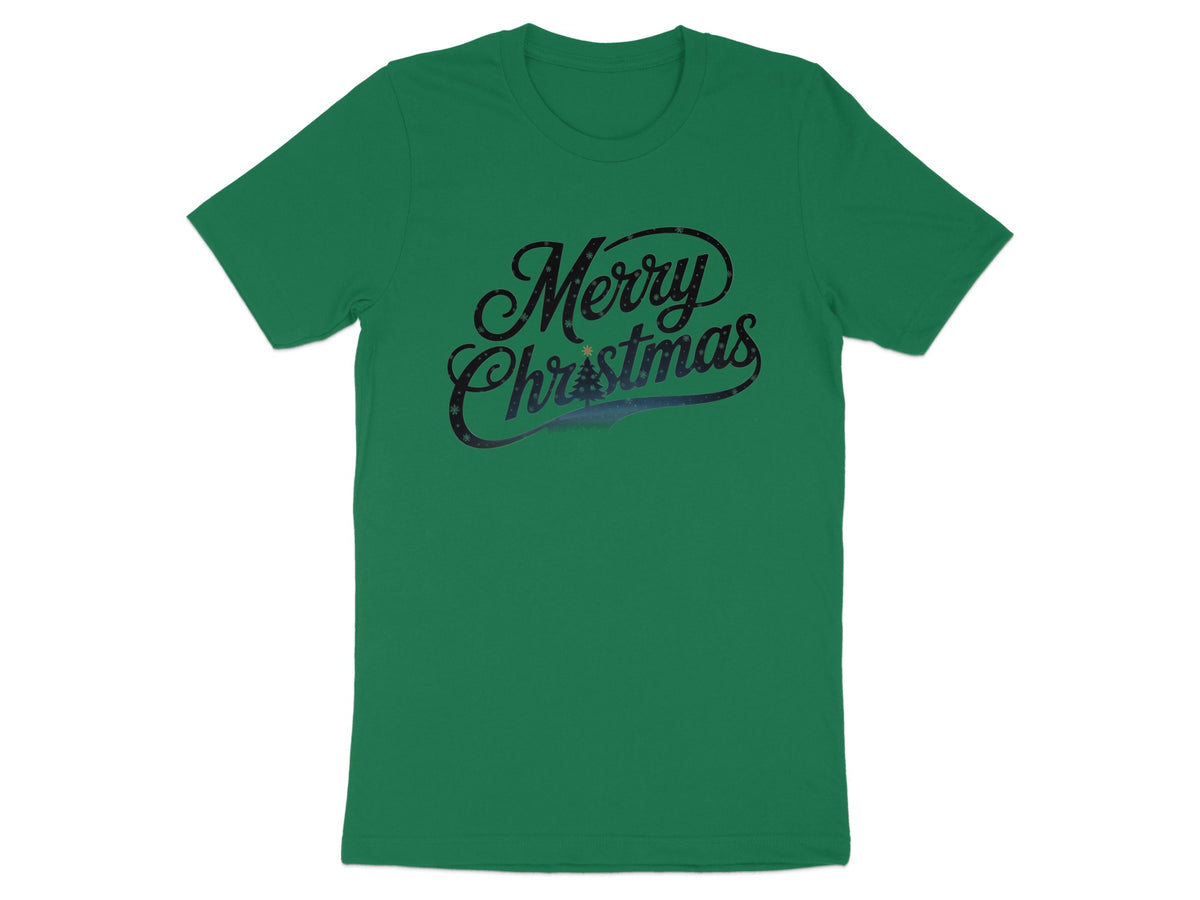Green t-shirt with "Merry Christmas" text and a winter scene.