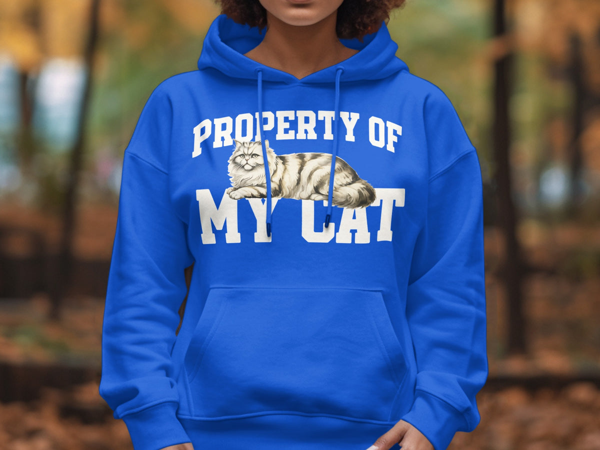 Blue hoodie with "Property of My Cat" text and a cat illustration.