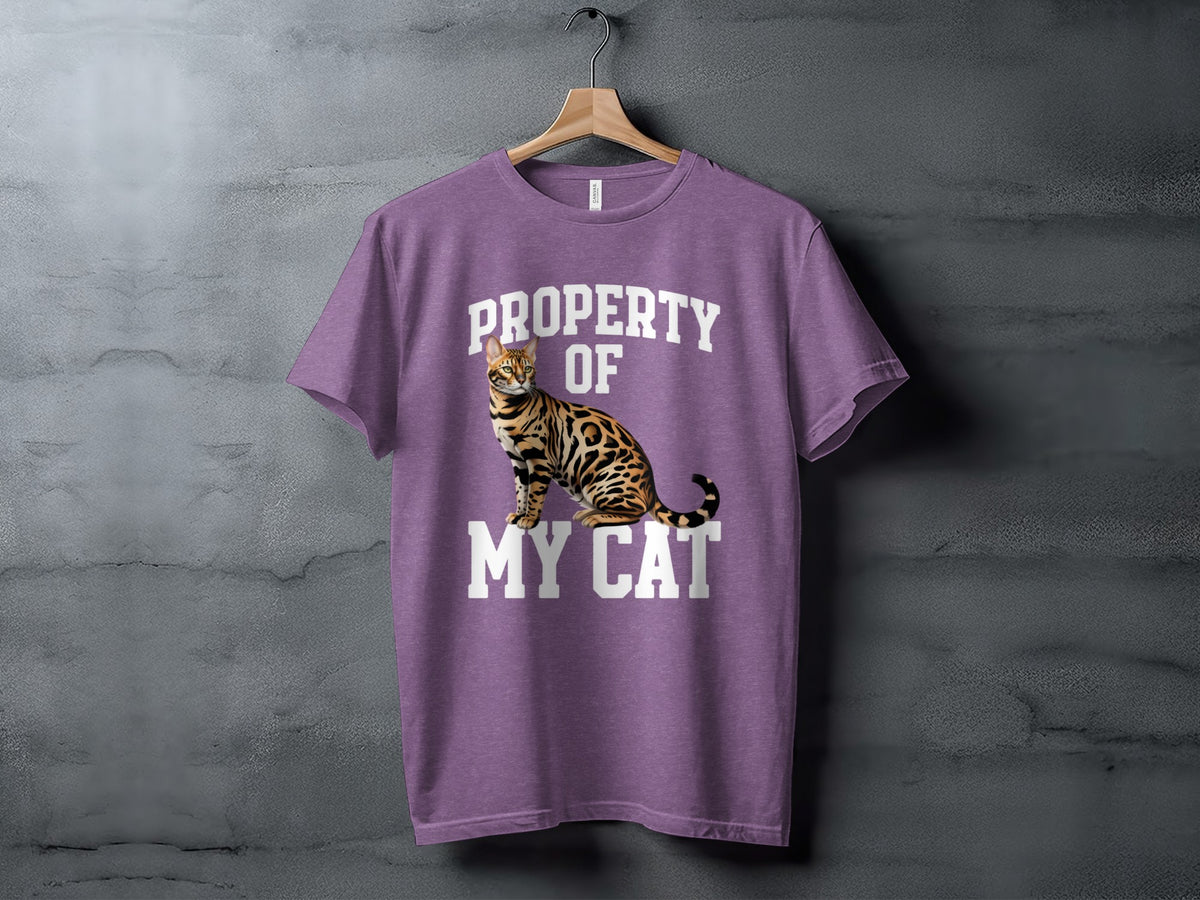 Purple t-shirt with text "PROPERTY OF MY CAT" and a Bengal cat graphic.