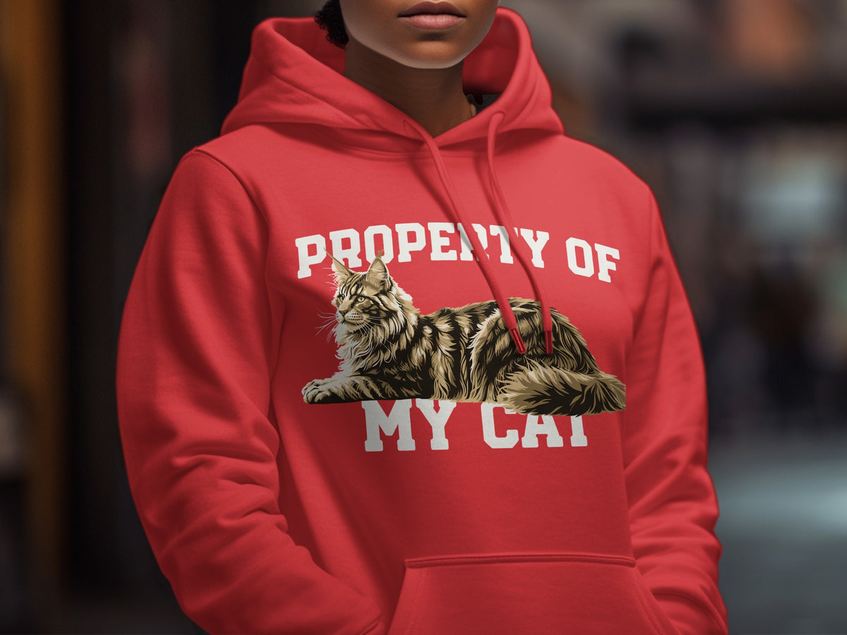 Red hoodie with "PROPERTY OF MY CAT" text and a cat graphic.