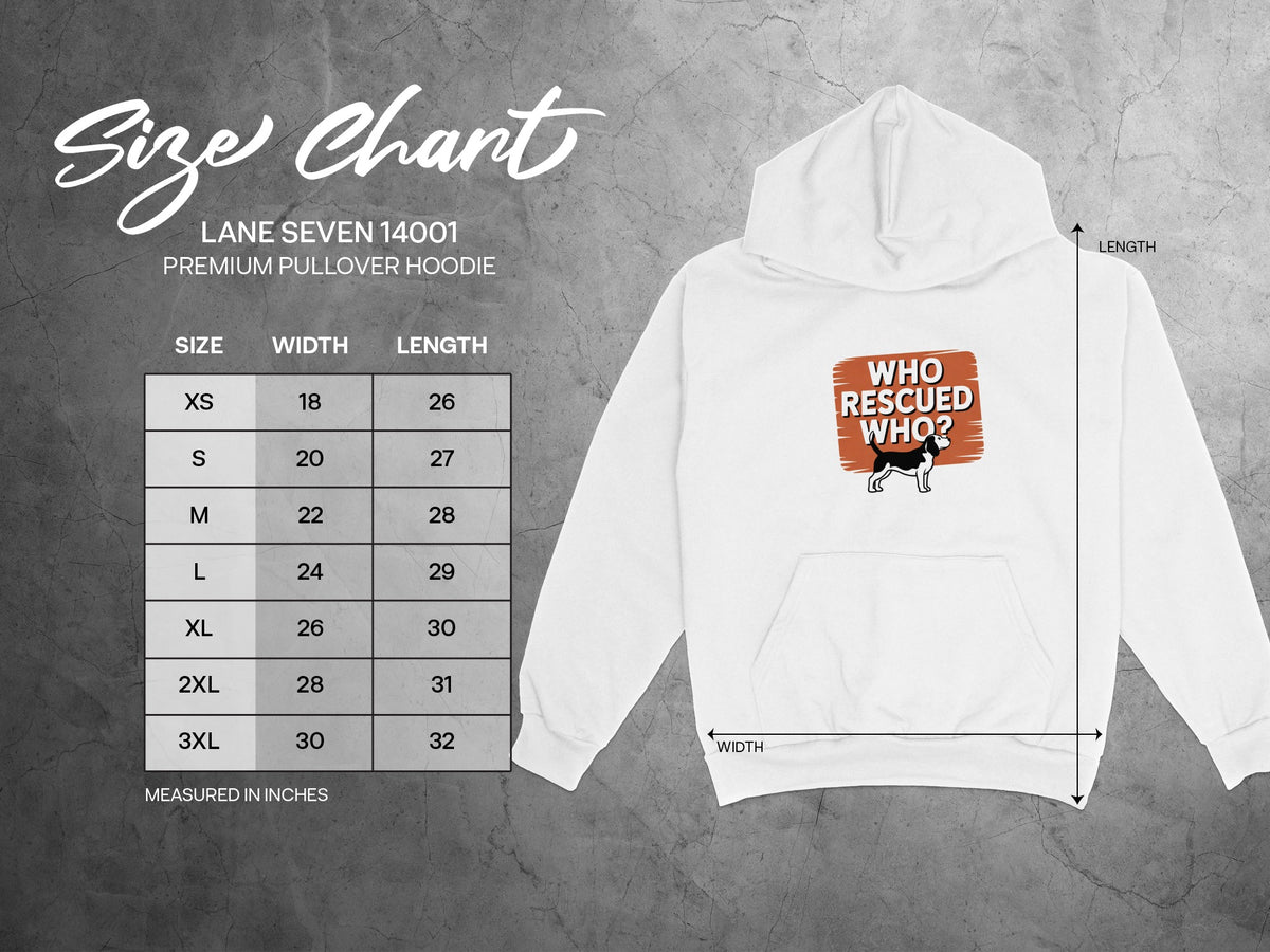 Lane Seven 14001 pullover hoodie size chart with width and length measurements in inches.