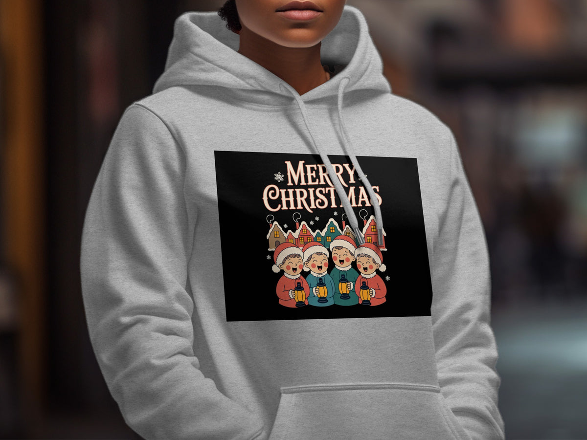 Gray hoodie with "Merry Christmas" text and cartoon carolers.