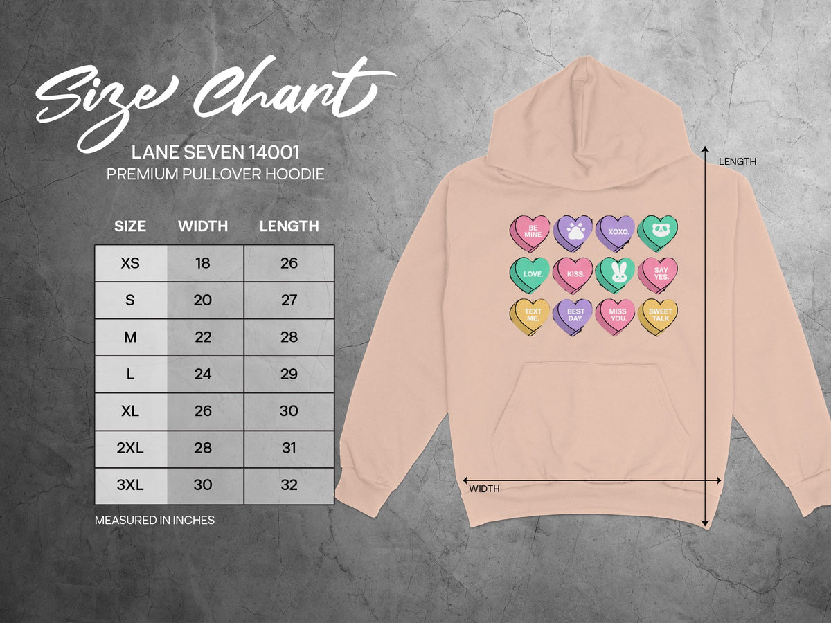 Size chart for Lane Seven 14001 Premium Pullover Hoodie in inches.