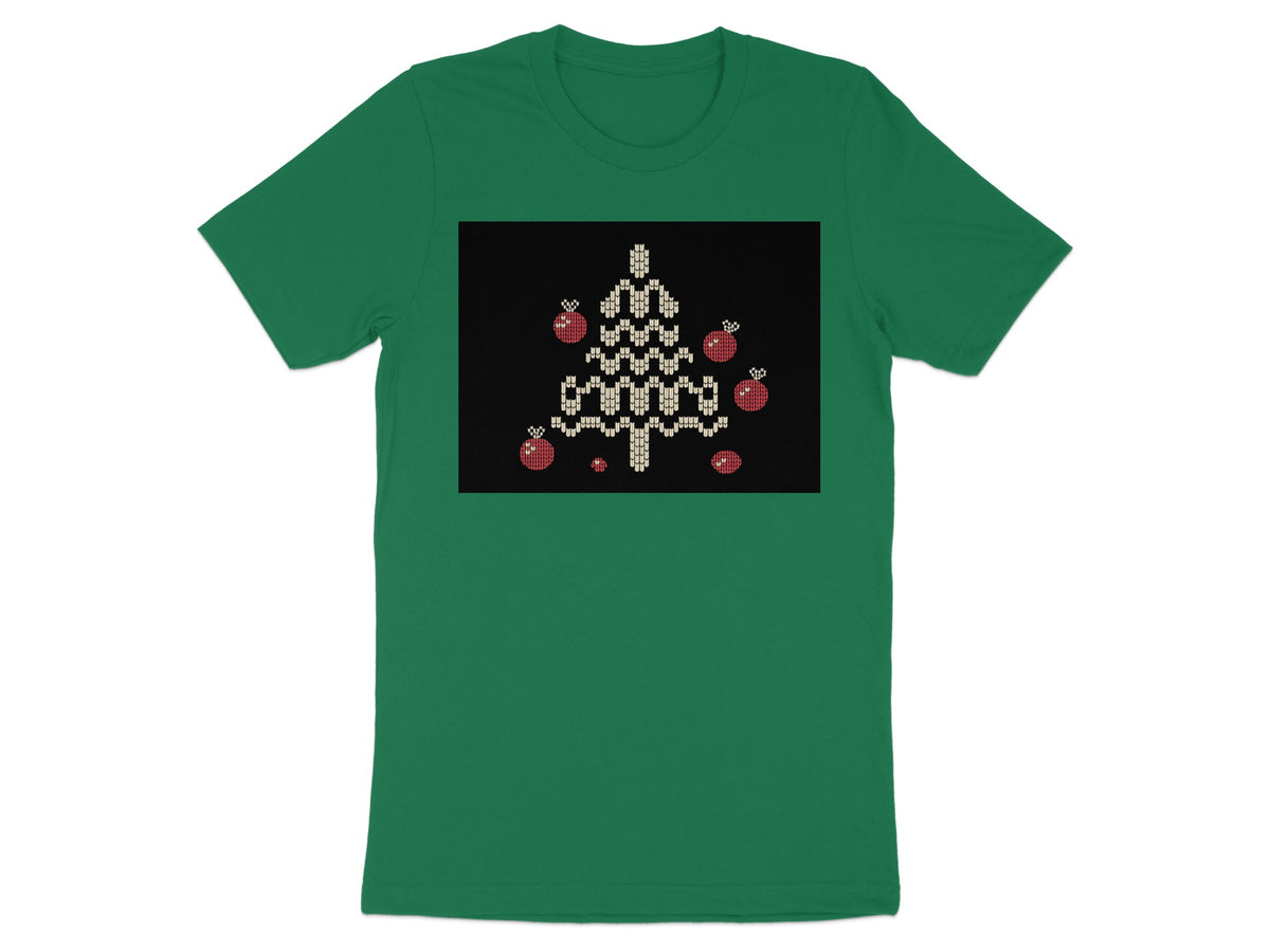 Christmas tree design with red ornaments on a black background, printed on a green t-shirt.