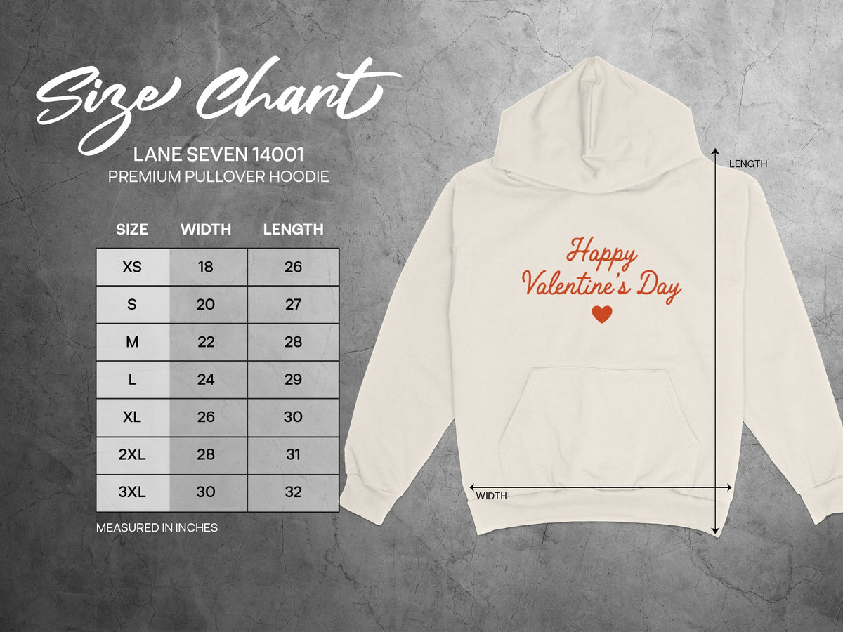 Size chart for Lane Seven 14001 premium pullover hoodie with measurements.