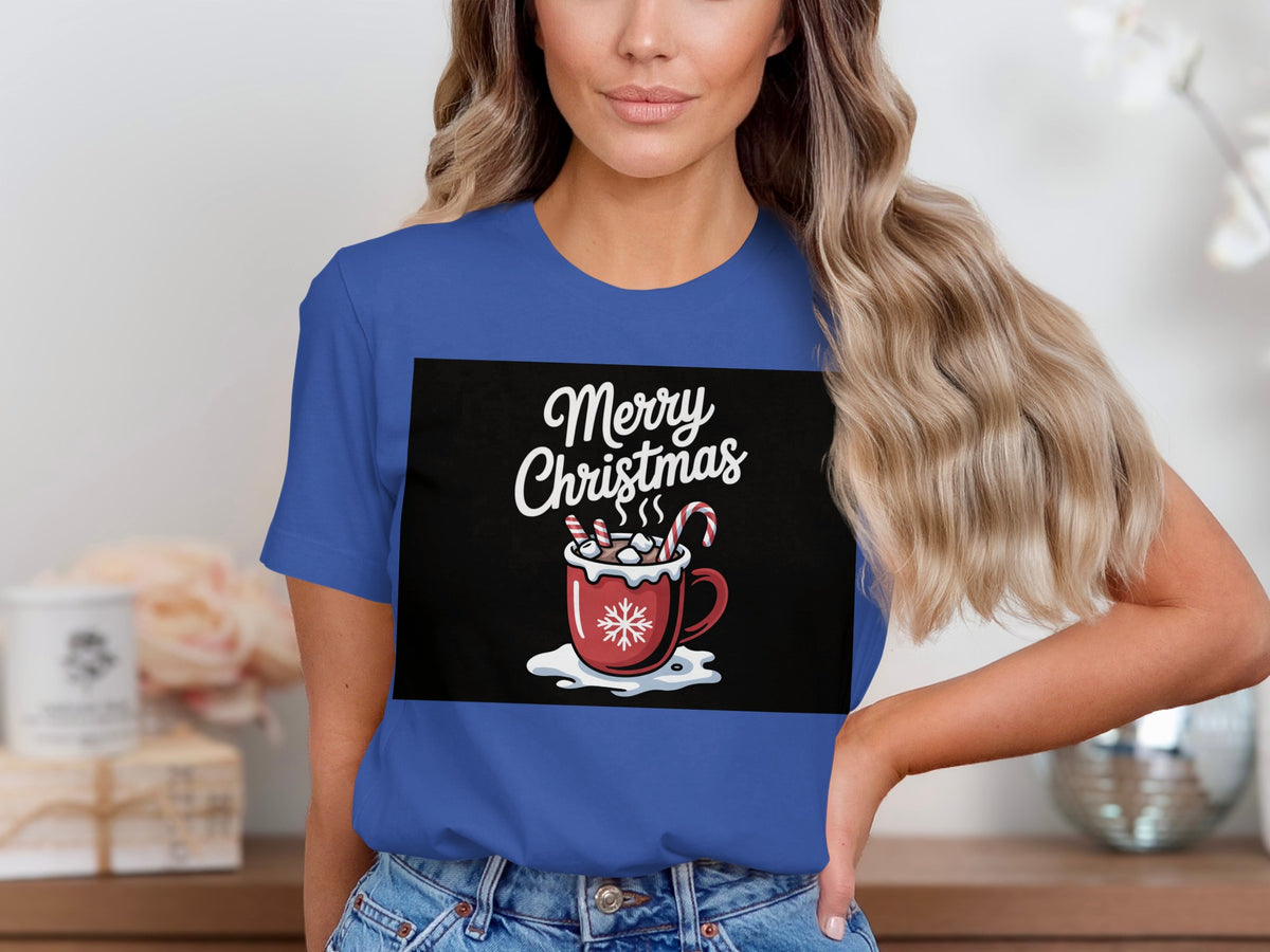Blue t-shirt with "Merry Christmas" text and hot chocolate mug graphic.