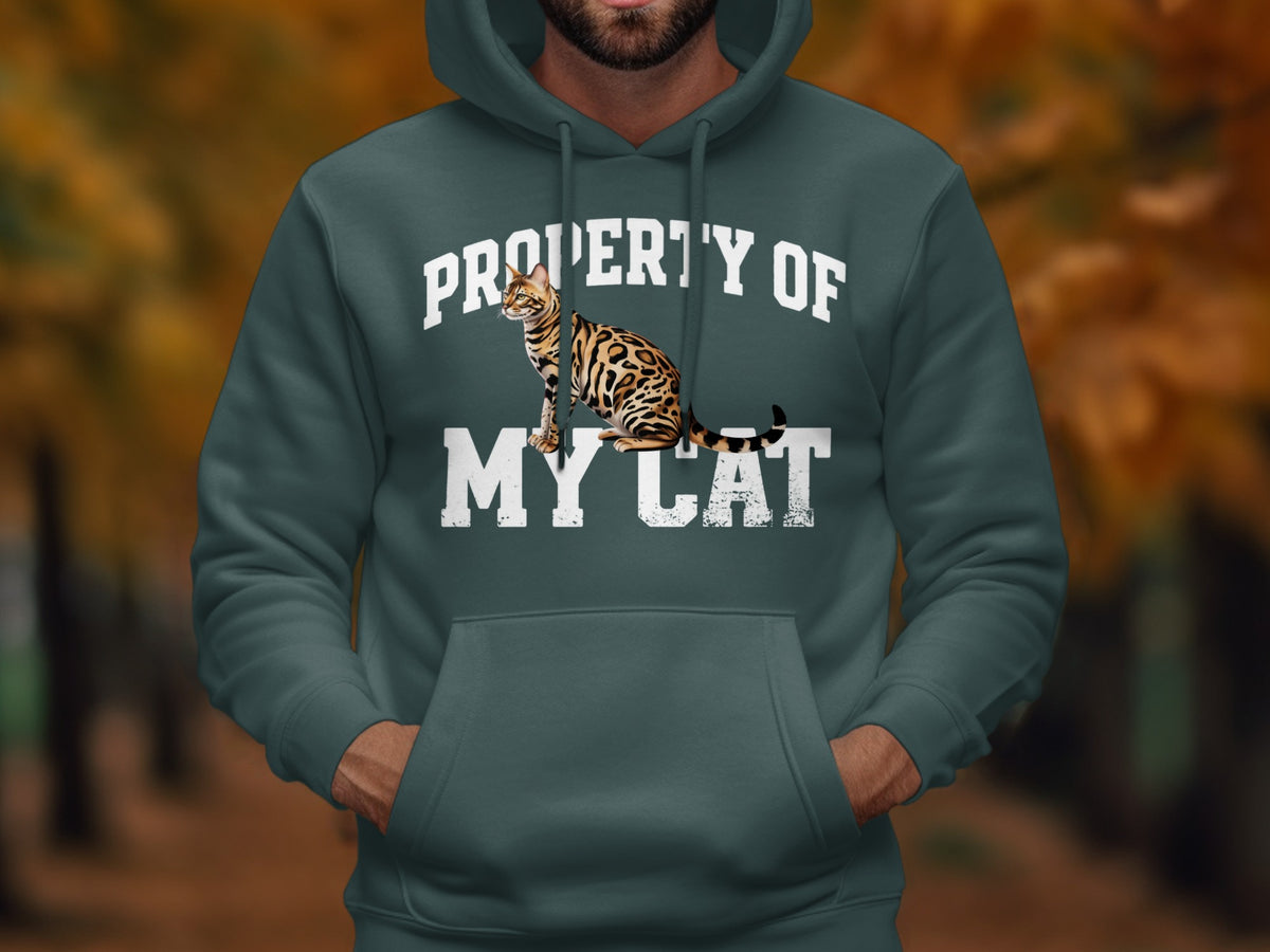 Hoodie with "Property of My Cat" text and a Bengal cat graphic.