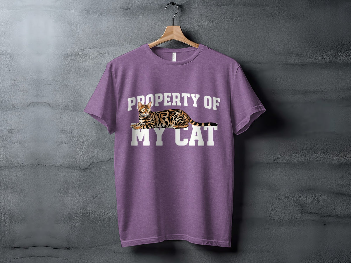 Purple t-shirt with Bengal cat and text "PROPERTY OF MY CAT".