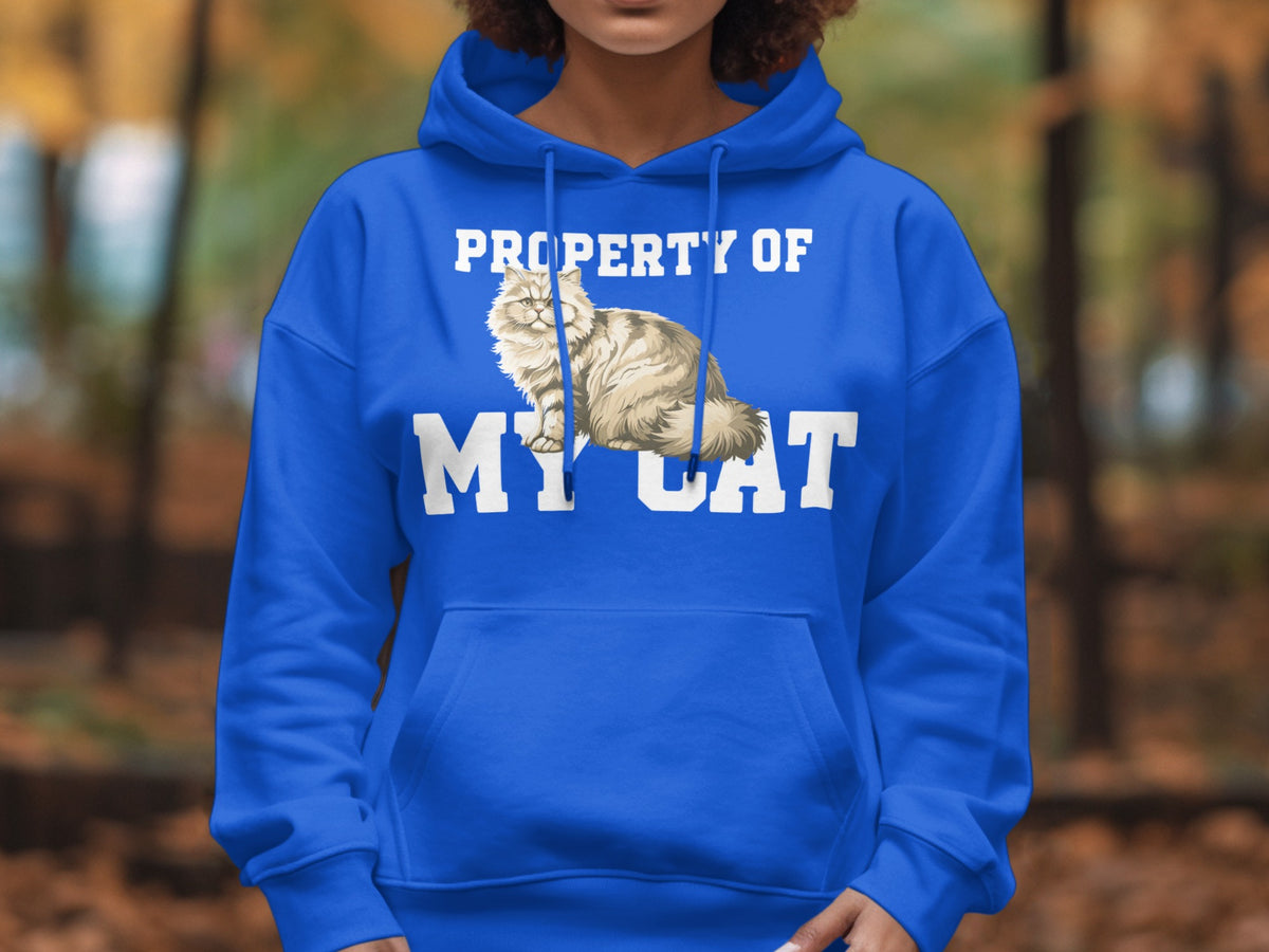 Blue hoodie with white text "PROPERTY OF" above a fluffy cat and "MY CAT"