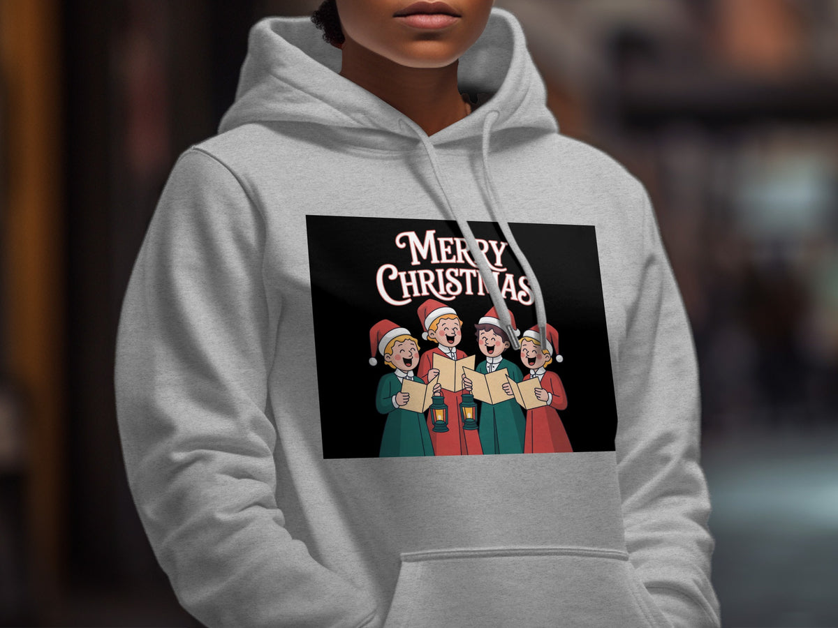 Christmas carolers in Santa hats and festive attire sing with lanterns.