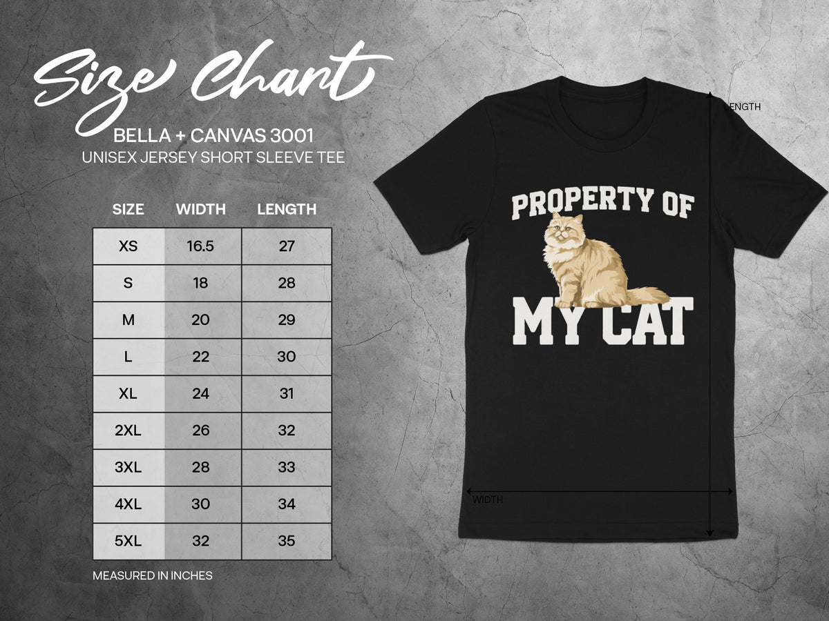 Size chart for BELLA + CANVAS 3001 unisex tee with "Property Of My Cat" graphic.