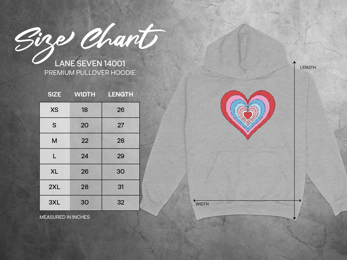 Lane Seven 14001 premium pullover hoodie size chart with nested heart graphic.