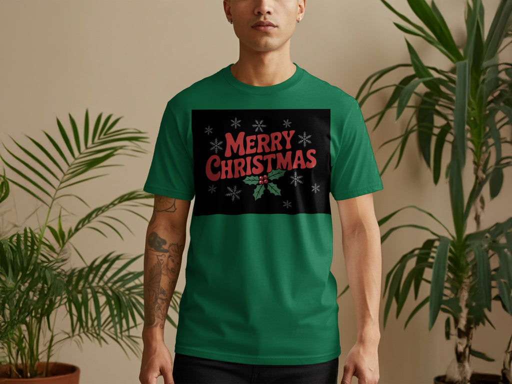 Green t-shirt with "Merry Christmas" text, holly, and snowflakes.