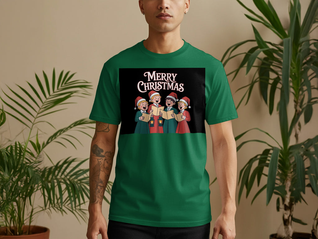 Green t-shirt with four carolers singing "Merry Christmas" with lanterns.