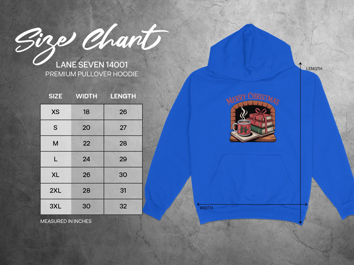 Lane Seven 14001 Premium Pullover Hoodie size chart with measurements.