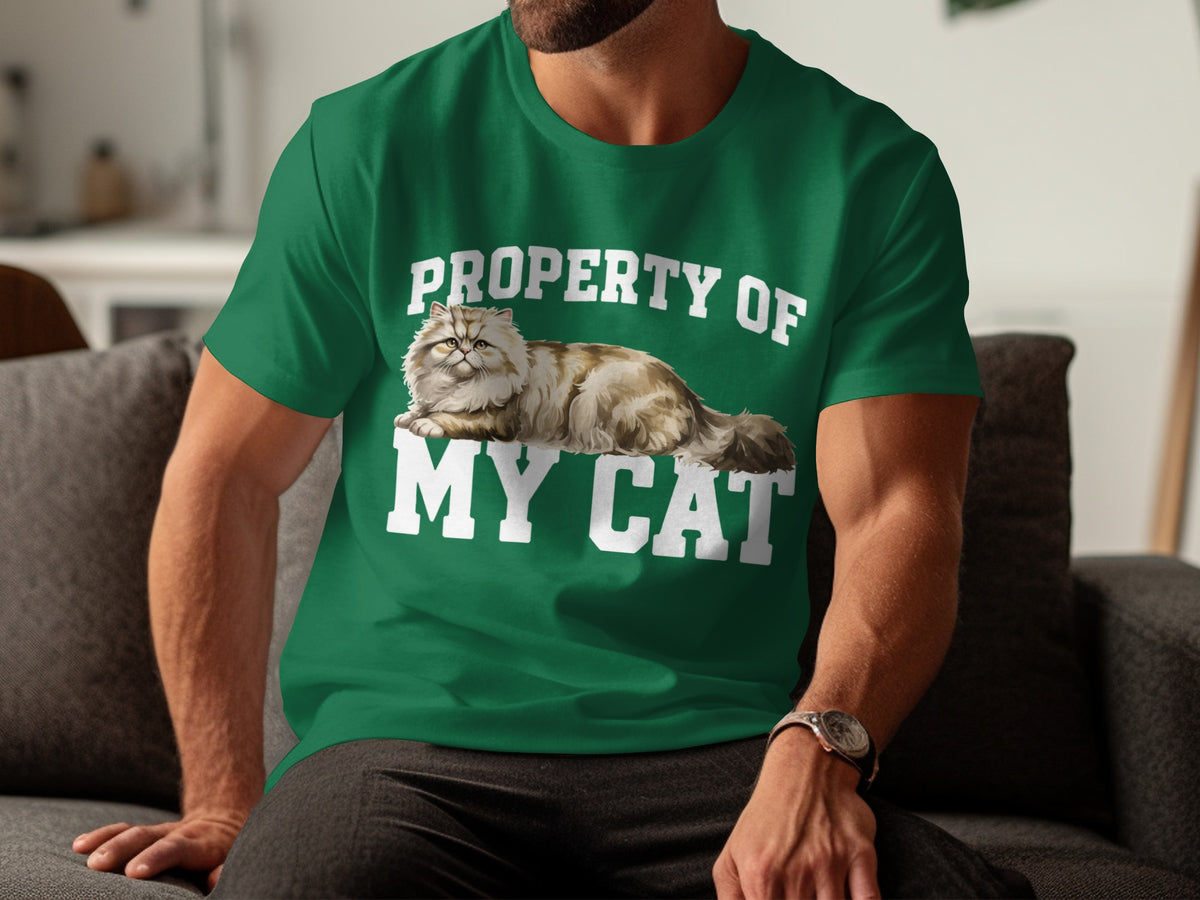 Green t-shirt with white text "PROPERTY OF MY CAT" and a Persian cat illustration.
