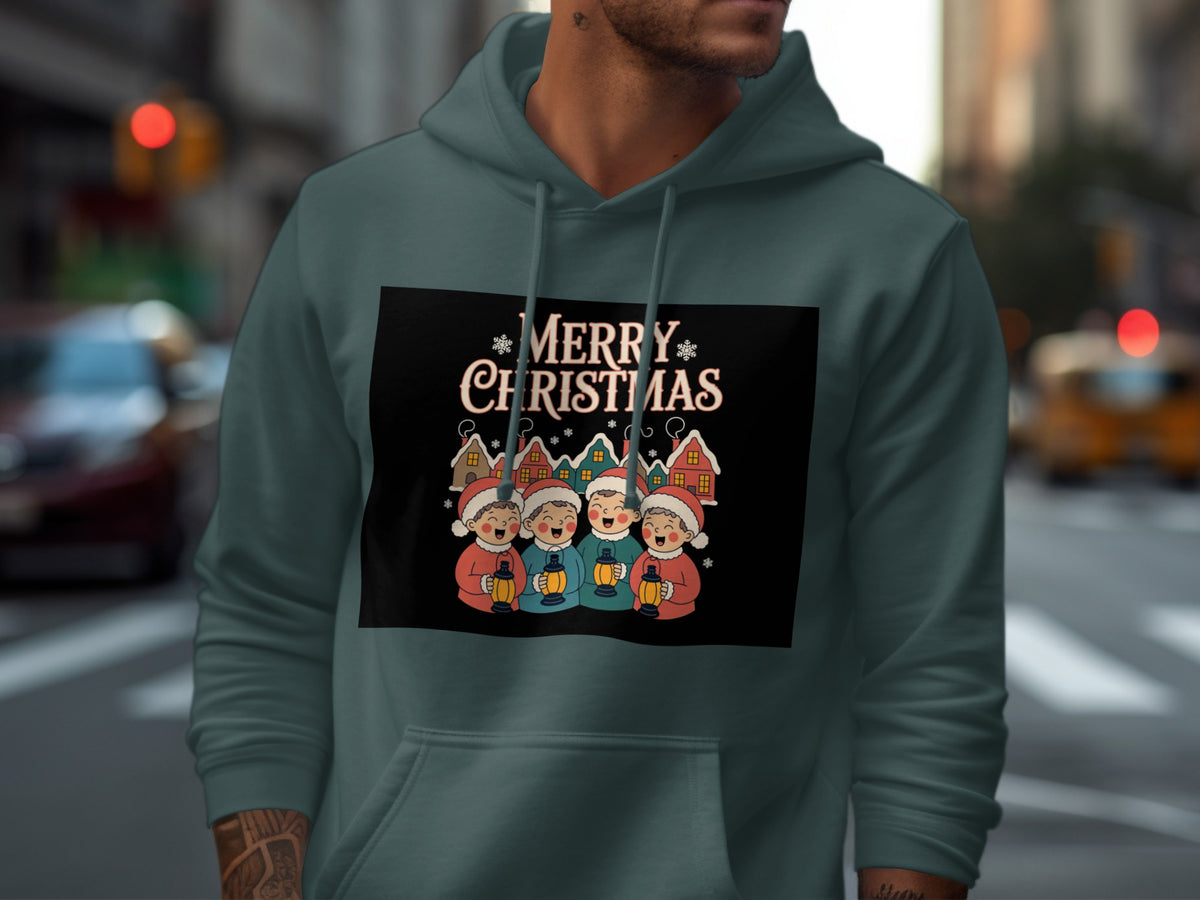 Hoodie with "Merry Christmas" text and carolers holding lanterns.