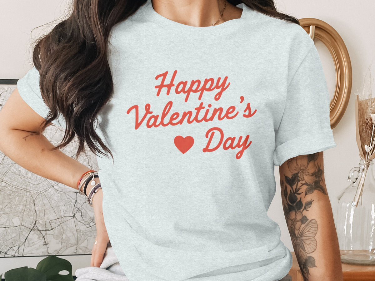 Light grey t-shirt with red text "Happy Valentine's Day" and a heart.