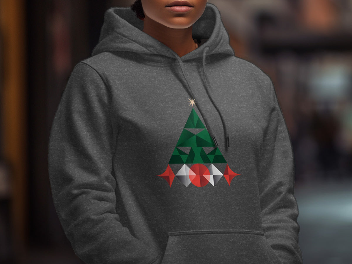 Dark grey hoodie with a geometric Christmas tree design featuring a star.