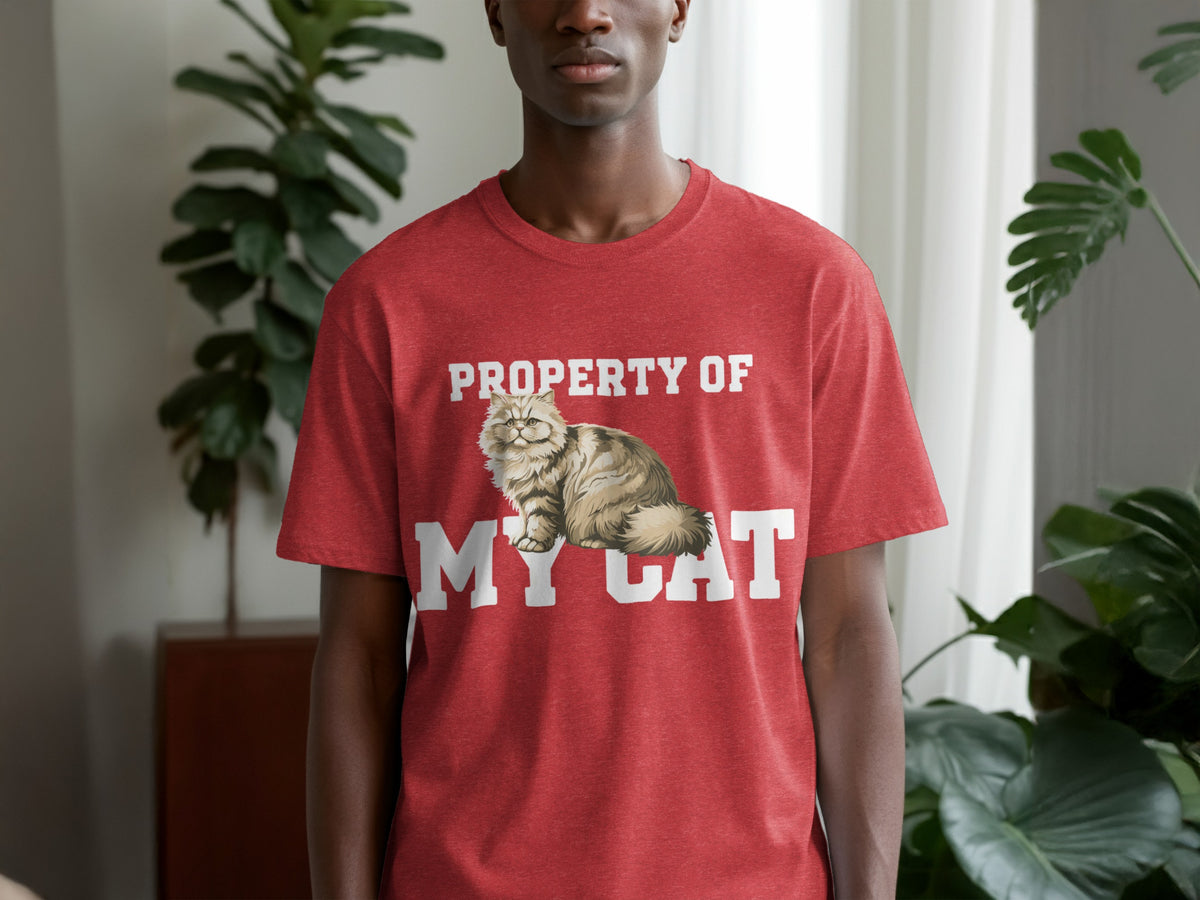 Red t-shirt with "Property of My Cat" text and a cat graphic.